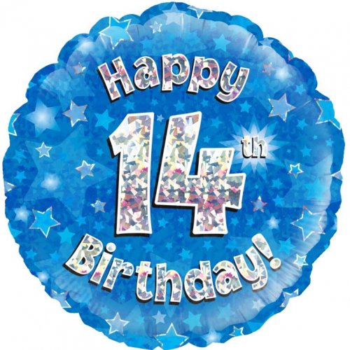 18 Inch Blue Holographic 14th Birthday Foil Balloon