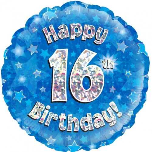 18 Inch Blue Holographic 16th Birthday Foil Balloon