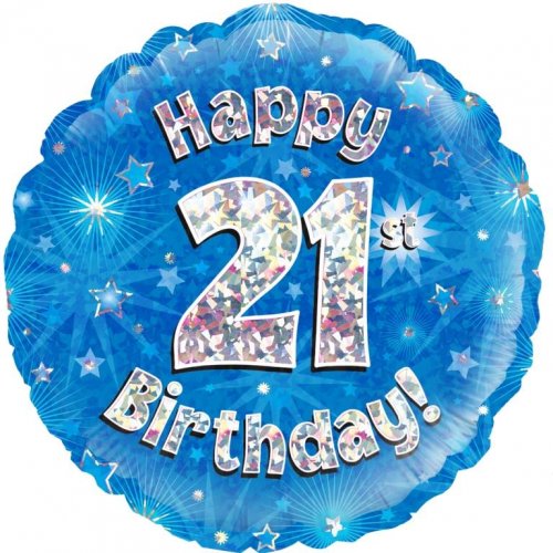 18 Inch Blue Holographic 21st Birthday Foil Balloon