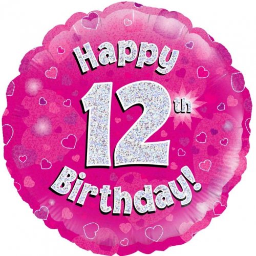 18 Inch Pink Holographic 12th Birthday Foil Balloon