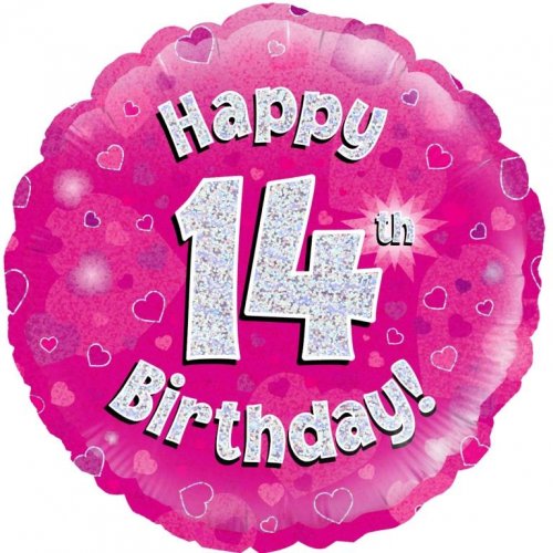 18 Inch Pink Holographic 14th Birthday Foil Balloon