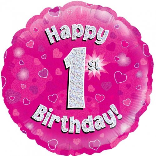 18 Inch Pink Holographic 1st Birthday Foil Balloon