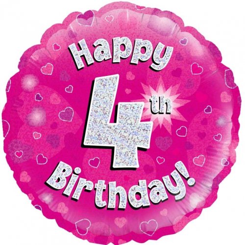 18 Inch Pink Holographic 4th Birthday Foil Balloon