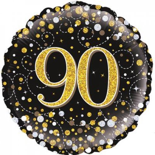 18 Inch Sparkling Fizz Black & Gold 90th Birthday Foil Balloon